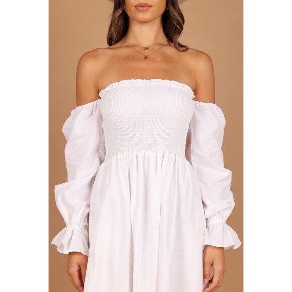 PETAL & UP Domenica Shirred Long Sleeve Midi Dress Size S White NWOT Linen Blend - Picture 5 of 10